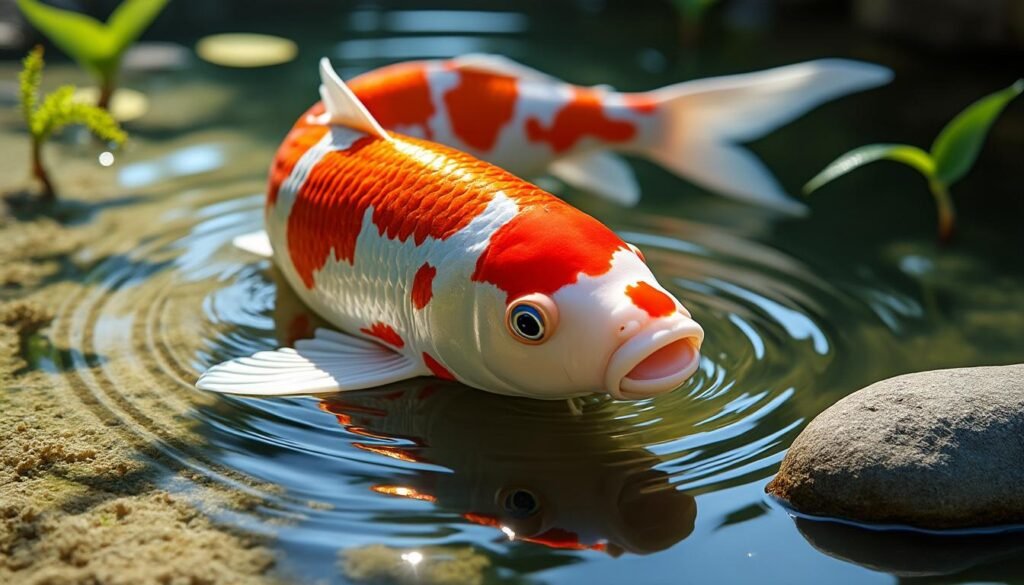 découvrez la carpe koï beni kujaku, une variété élégante aux couleurs vibrantes rouge et blanc, symbole de chance et de sérénité pour votre bassin.
