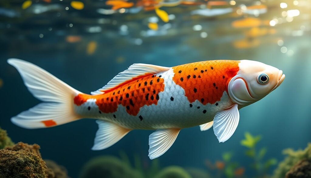 découvrez la carpe koï butterfly bekko, une variété élégante aux nageoires déployées et aux motifs noirs distinctifs, idéale pour embellir votre bassin.