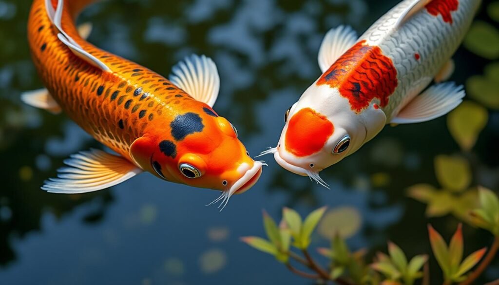 découvrez la beauté unique de la carpe koï butterfly sanke, un poisson d'ornement élégant aux nageoires longues et aux motifs distinctifs noirs, rouges et blancs.