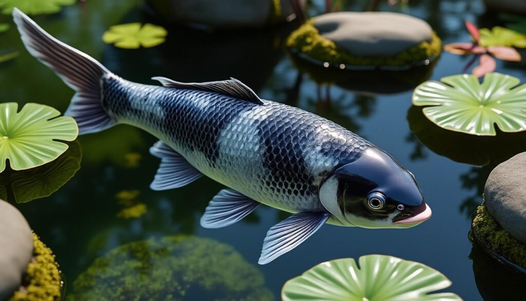 découvrez la carpe koï doitsu kikokuryu, une variété élégante et unique, reconnue pour ses motifs noirs et argentés éclatants. parfaite pour embellir votre bassin.