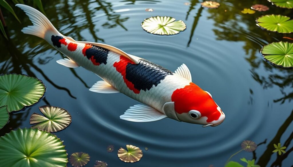 découvrez la carpe koï doitsu sanke, une variété élégante aux motifs rouge, blanc et noir. parfaite pour votre bassin, elle allie beauté et grâce dans votre jardin aquatique.