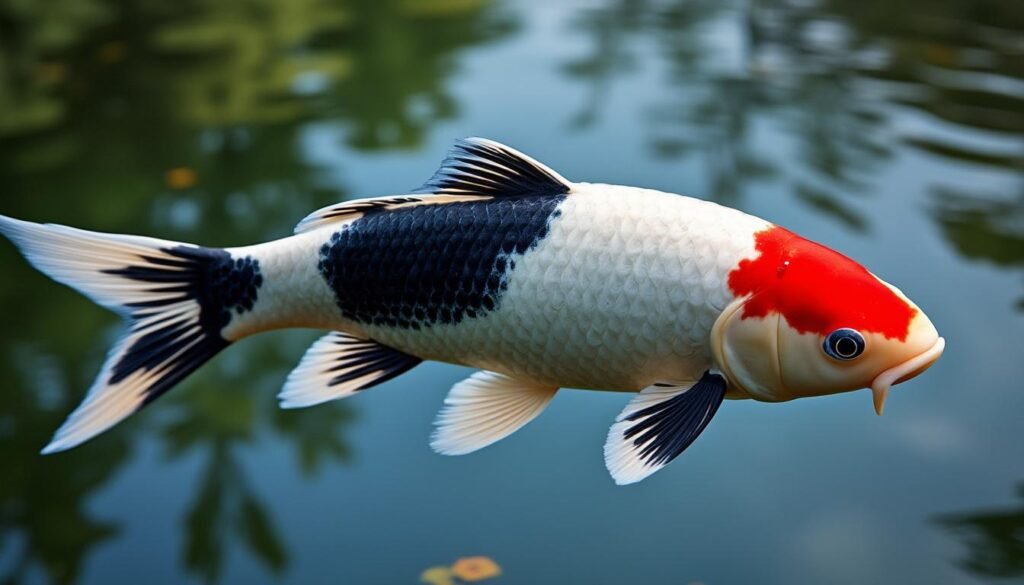 découvrez la beauté unique de la carpe koï doitsu showa, célèbre pour ses motifs noirs, rouges et blancs éclatants. parfaite pour les passionnés de bassin et d'aquariophilie.