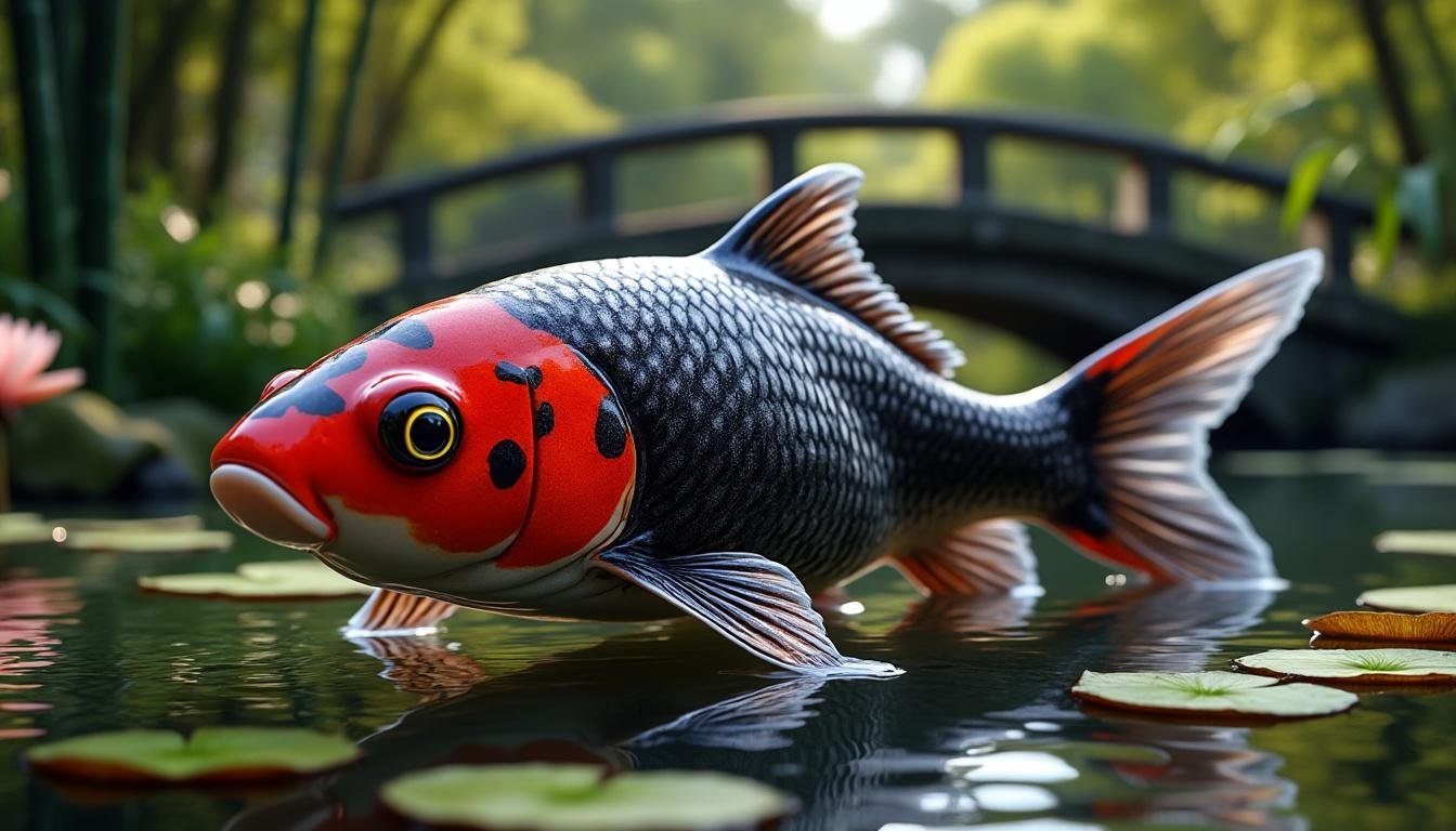 découvrez la beauté exceptionnelle de la carpe koï ginrin hikari utsuri, une variété élégante réputée pour ses magnifiques écailles scintillantes et ses couleurs vibrantes, idéale pour enrichir votre bassin ou jardin aquatique.