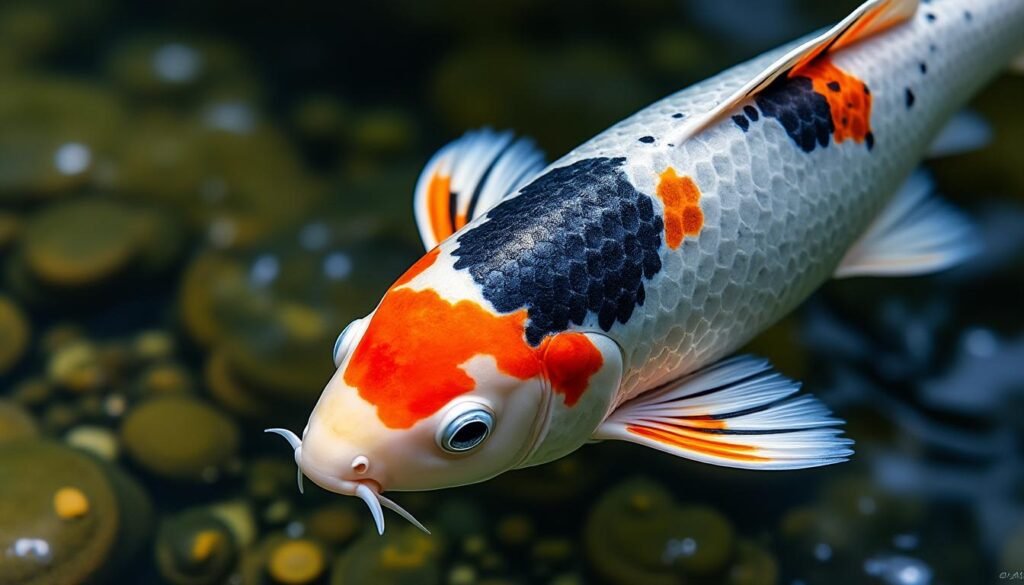 découvrez la beauté unique de la carpe koï ginrin hikari utsuri, avec ses écailles scintillantes et ses motifs contrastés, idéale pour embellir votre bassin ou jardin aquatique.