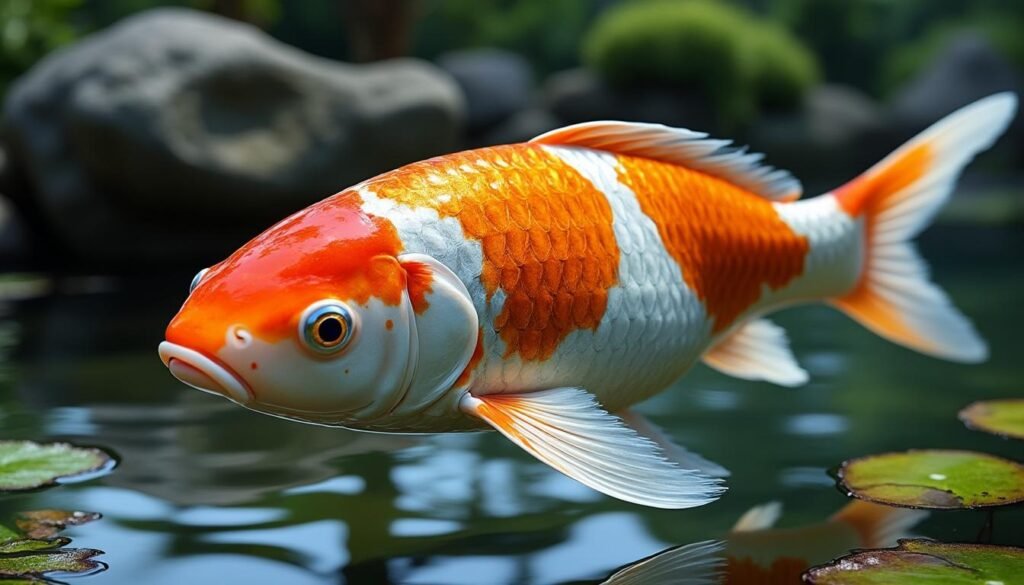 découvrez la beauté éclatante de la carpe koï ginrin kohaku, une variété prisée pour ses écailles scintillantes et ses couleurs rouge et blanc vibrantes, idéale pour embellir votre étang.