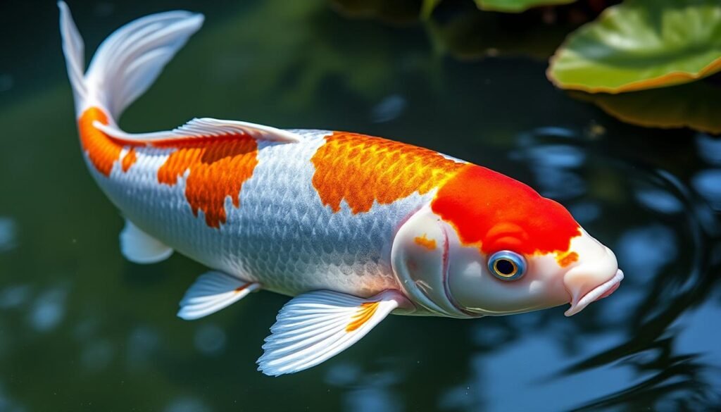 découvrez la beauté éclatante de la carpe koï ginrin kohaku, une variété exceptionnelle aux écailles scintillantes et aux motifs rouges et blancs élégants, idéale pour enrichir votre bassin.