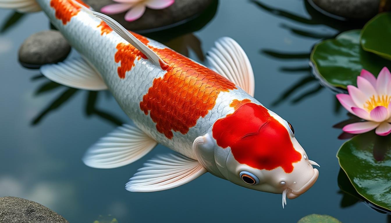 découvrez la carpe koï ginrin kohaku, une variété élégante aux écailles scintillantes rouges et blanches, idéale pour embellir votre bassin avec grâce et éclat.