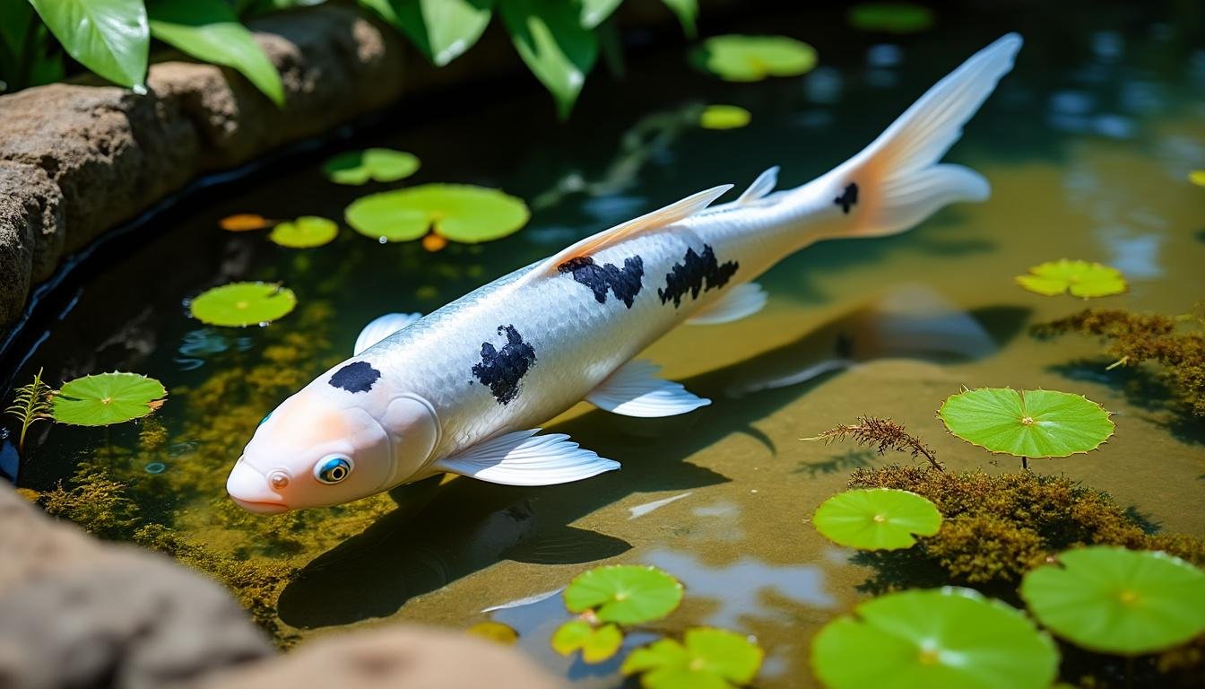 découvrez la beauté élégante de la carpe koï ginrin shiro utsuri, une variété exceptionnelle aux écailles scintillantes et au motif contrasté, idéale pour enrichir votre bassin avec une touche d'art aquatique.