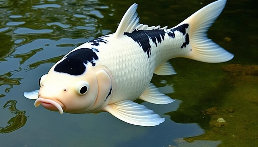 découvrez la beauté unique de la carpe koï ginrin shiro utsuri, une carpe d'ornement aux écailles brillantes et au motif blanc et noir élégant, idéale pour enrichir votre bassin.