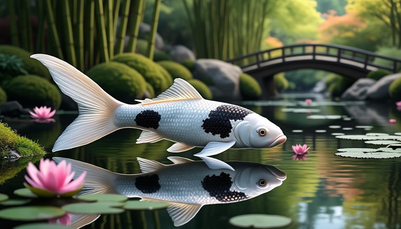 découvrez la magnifique carpe koï hikari shiro utsuri, réputée pour ses motifs blanc éclatant et noir contrastant, idéale pour enrichir et égayer votre bassin.