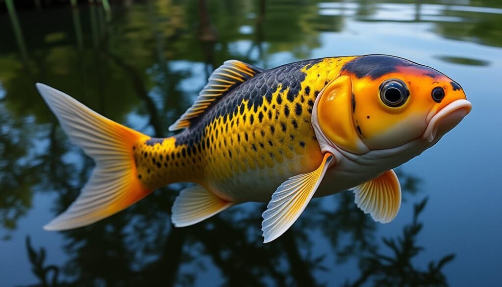 découvrez la carpe koï ki utsuri, une variété élégante réputée pour ses motifs jaunes éclatants sur un fond noir, symbole de beauté et de sérénité dans votre jardin aquatique.