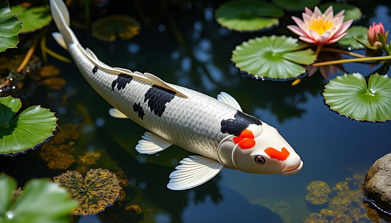 découvrez la beauté unique de la carpe koï kikokuryu, une variété élégante aux motifs noirs, blancs et métalliques, idéale pour embellir votre bassin.