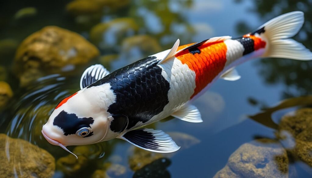 découvrez la carpe koï kindai showa, une variété élégante aux couleurs vibrantes et motifs uniques, idéale pour sublimer votre bassin et émerveiller les amateurs d'aquariophilie.