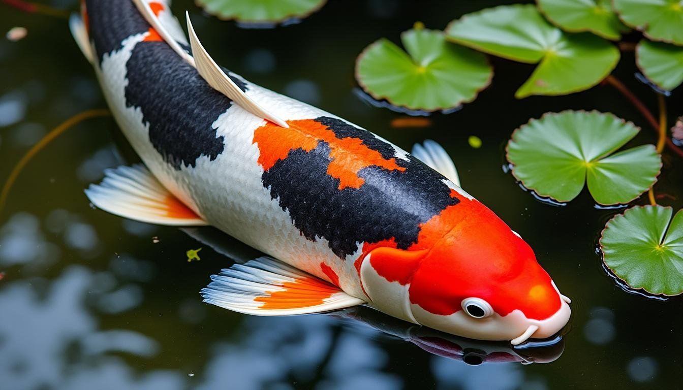 découvrez la carpe koï koromo showa, une variété élégante aux motifs rouges, noirs et blancs, idéale pour embellir votre bassin.