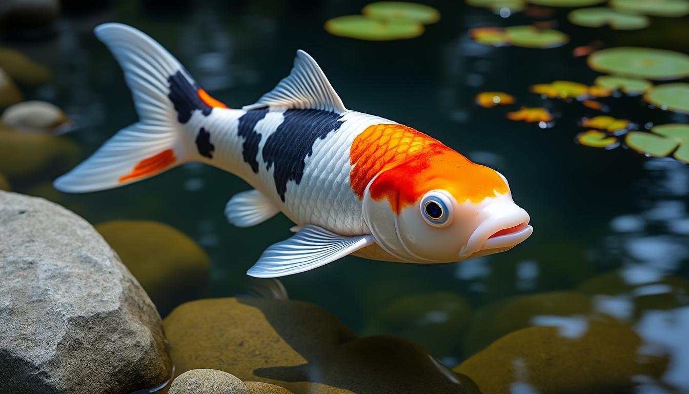 découvrez la carpe koï kumonryu, une élégante carpe aux motifs uniques noirs et blancs, symbole de chance et de persévérance dans les jardins aquatiques.