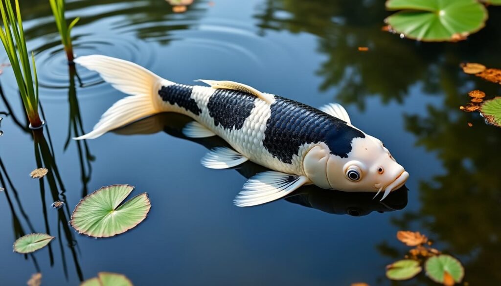 découvrez la carpe koï kumonryu, une beauté aquatique unique avec ses motifs noirs et blancs changeants, symbole de transformation et de chance dans votre bassin.