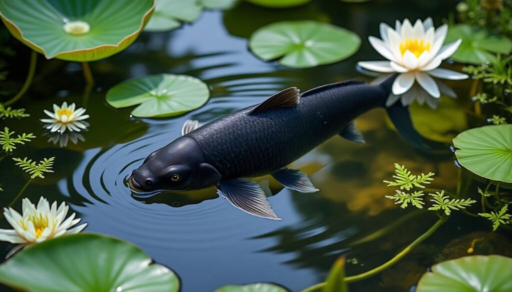 découvrez la carpe koï kuro muji, symbole de force et de sérénité. appréciez sa beauté élégante et ses couleurs contrastées pour embellir votre jardin ou bassin.