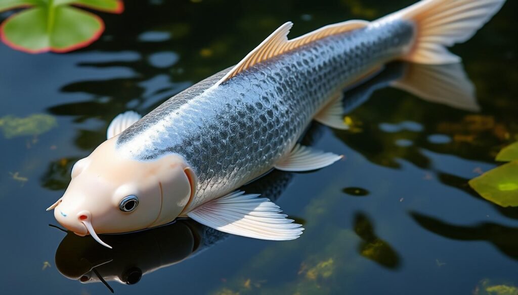 découvrez la carpe koï platinum ogon, une beauté éclatante aux écailles argentées brillantes, parfaite pour embellir votre bassin et apporter sérénité à votre jardin aquatique.