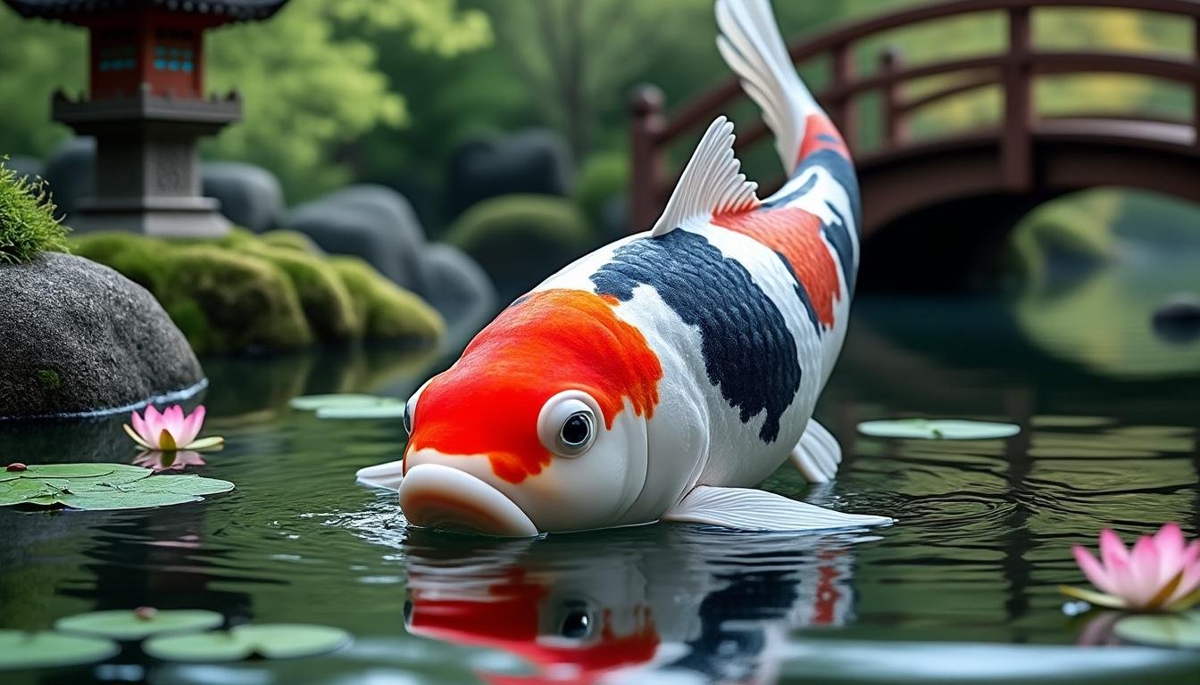 découvrez la beauté unique de la carpe koï sanke, une variété japonaise élégante aux motifs rouge, blanc et noir, idéale pour embellir votre bassin.