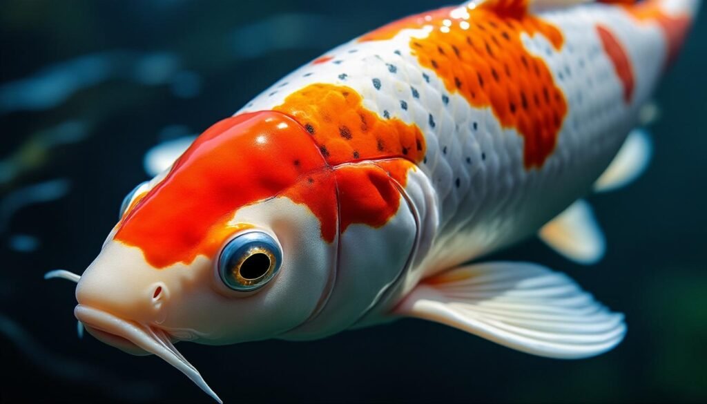 découvrez la beauté unique de la carpe koï showa, une variété japonaise aux motifs noirs, rouges et blancs saisissants, parfaite pour embellir votre bassin.