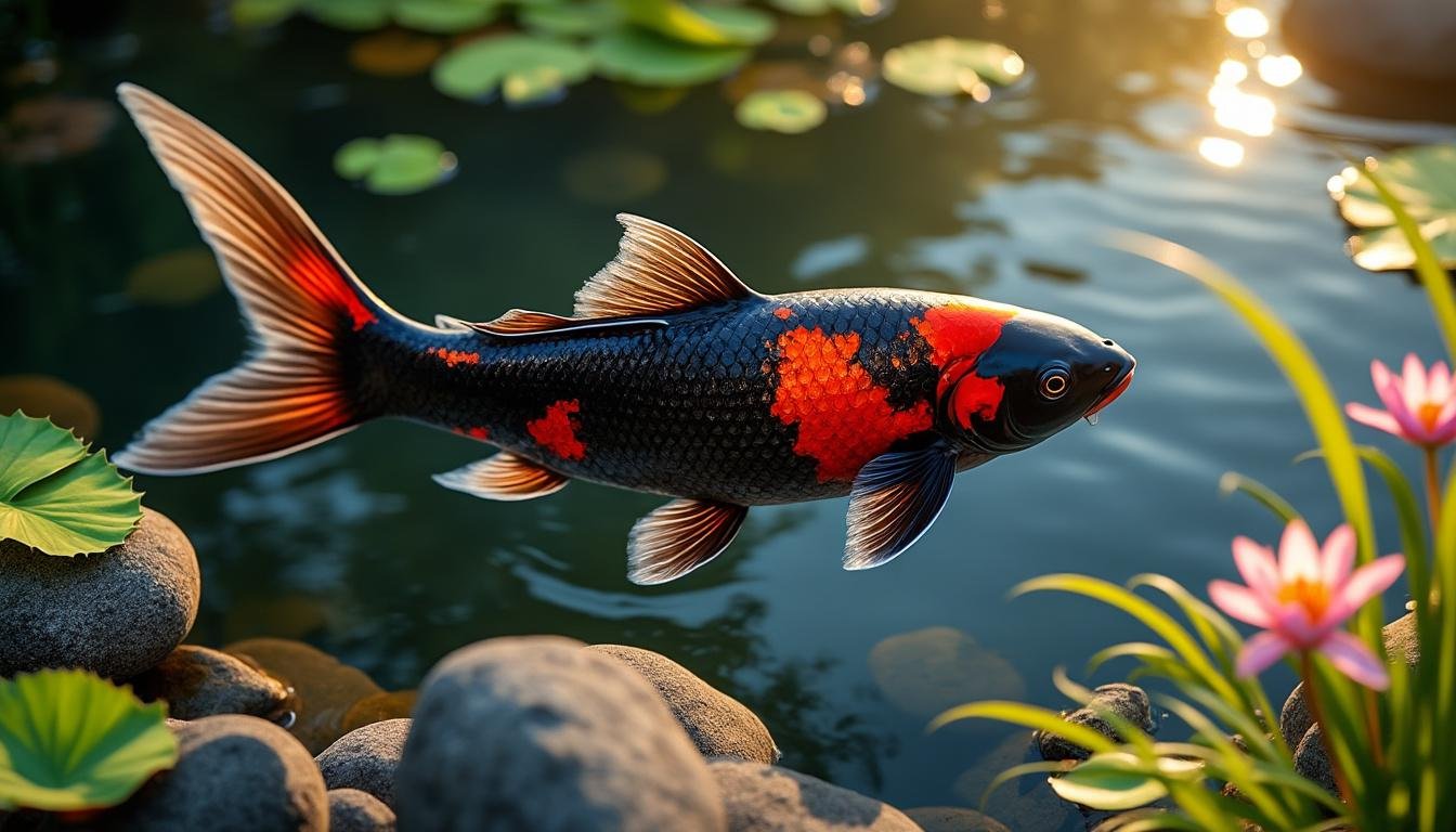 découvrez la beauté unique de la carpe koï showa utsuri, une variété élégante aux motifs contrastés, parfaite pour enrichir votre bassin avec couleur et harmonie.