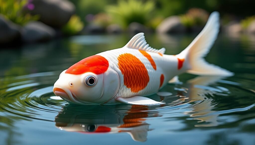 découvrez la beauté unique de la carpe koï tancho kohaku, une variété prisée pour son motif rouge vif sur fond blanc, symbole de chance et de longévité dans les jardins aquatiques.