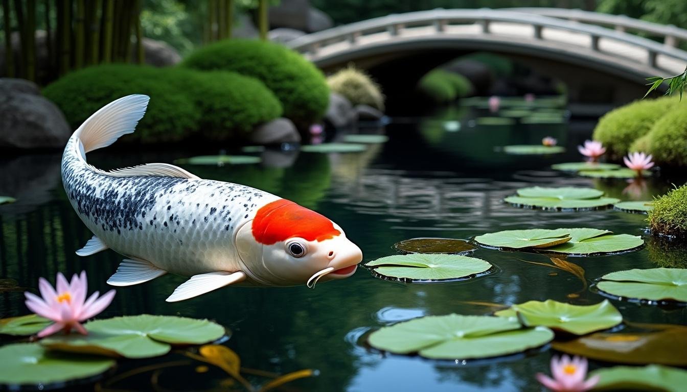 découvrez la beauté unique de la carpe koï tancho sanke, célèbre pour son motif rouge distinctif sur la tête et ses taches noires et blanches élégantes. parfaite pour votre bassin ou aquarium.