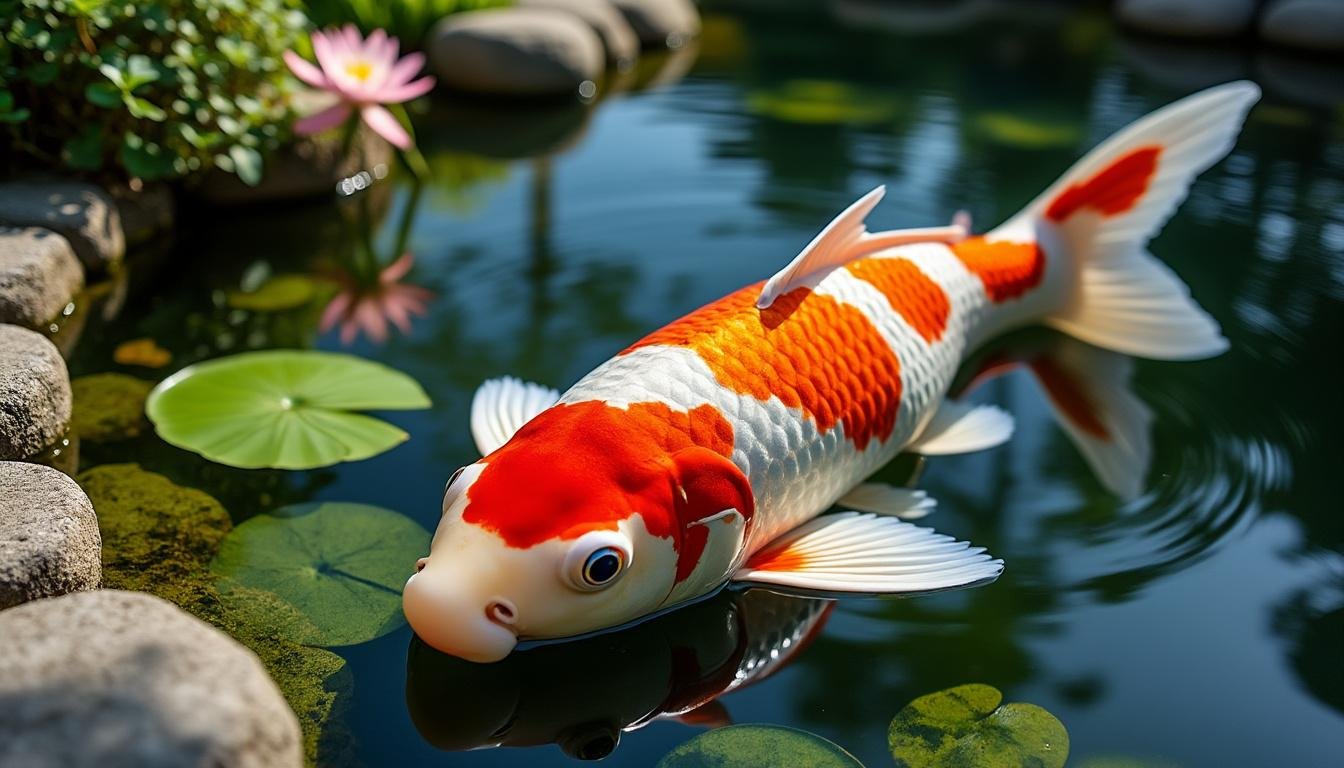 découvrez la beauté unique de la carpe koï tancho showa, une variété prisée pour son motif rouge distinctif sur la tête et son corps noir et blanc élégant. parfaite pour embellir votre étang ou aquarium.