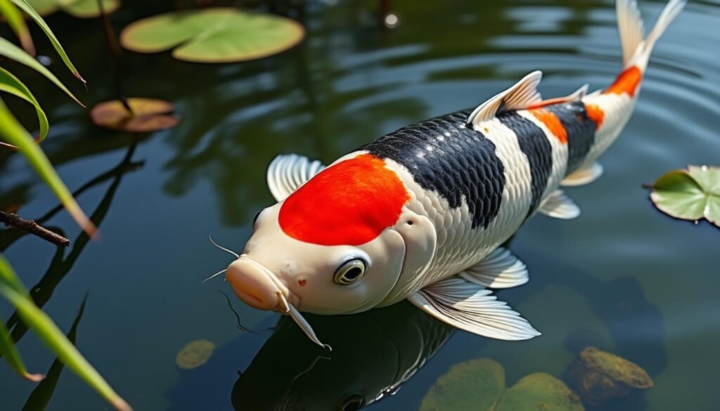 découvrez la beauté unique de la carpe koï tancho showa, une variété traditionnelle japonaise aux motifs distinctifs rouges, noirs et blancs, parfaite pour enrichir votre bassin ou votre collection.