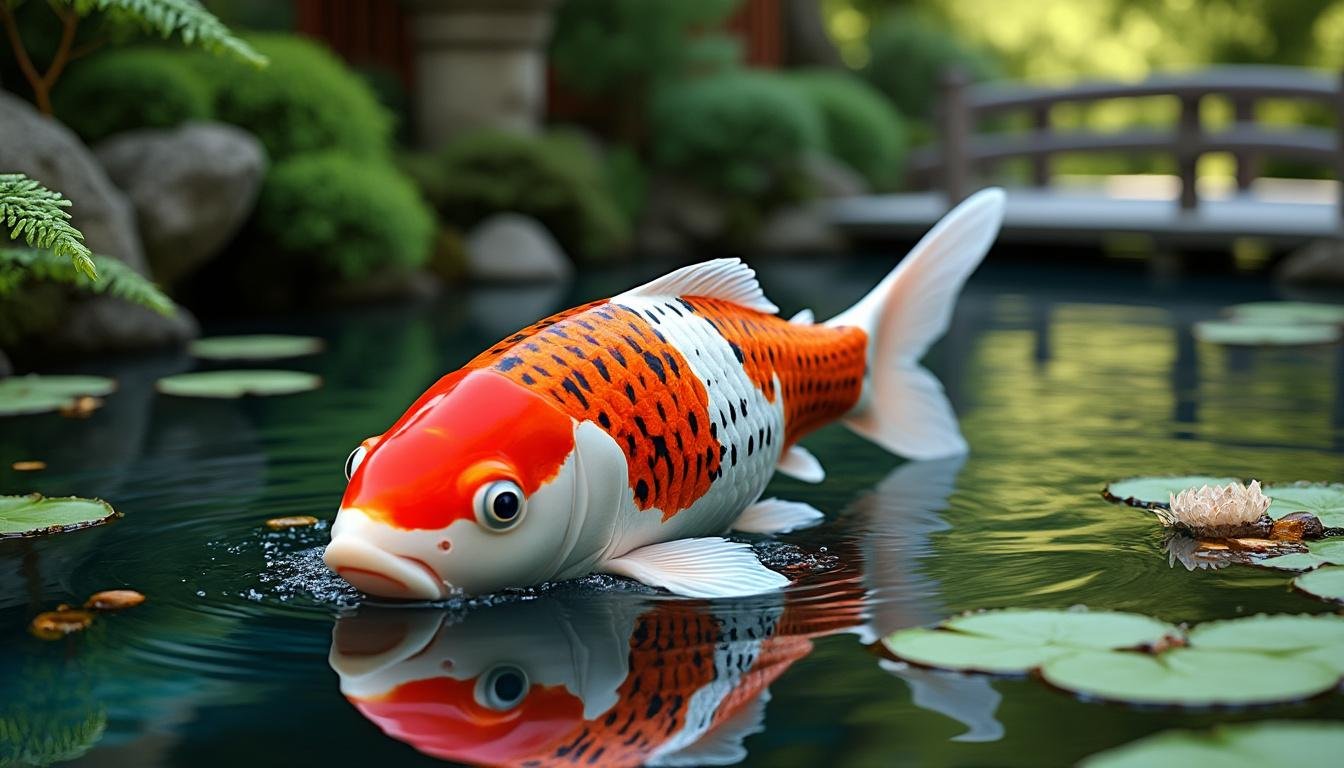 découvrez la beauté unique de la carpe koï tancho showa, une variété prisée pour son motif distinctif rouge sur la tête et ses couleurs élégantes noir et blanc.