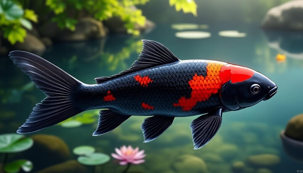 découvrez la beauté unique de la carpe koï goshiki showa, une variété distinctive alliant élégance et couleurs vibrantes pour embellir votre bassin.